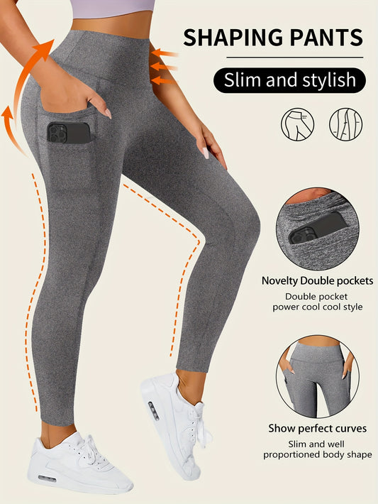 Women High-Waisted Pocket Yoga Pant Stretchy Regular Fit Casual Solid Color Polyester Knit Fabric