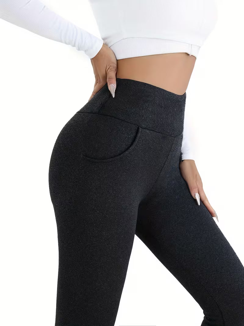 Women Solid Plush Lined Thermal Pants High Rise Stretch Slim Fit Tights For Fall & Winter