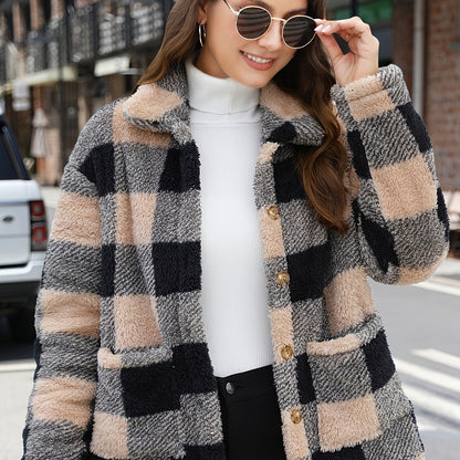 Plaid Print Patched Pockets Teddy Coat, Versatile Long Sleeve Single Breasted Winter Outwear