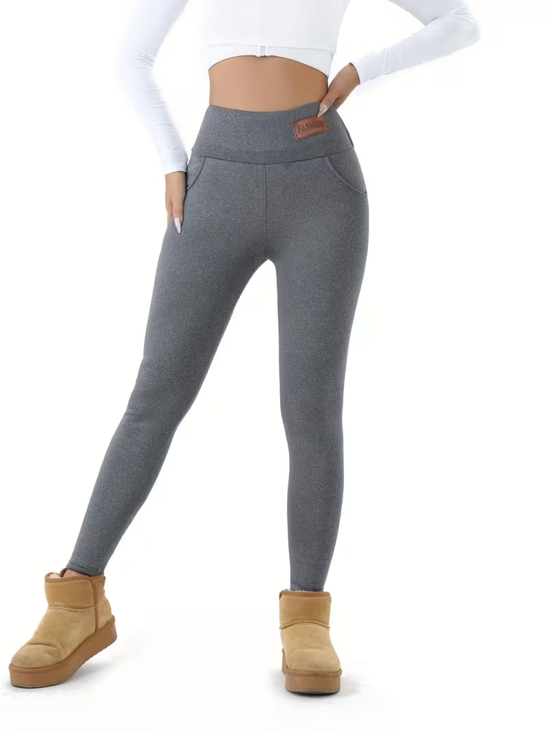 Women Solid Plush Lined Thermal Pants High Rise Stretch Slim Fit Tights For Fall & Winter