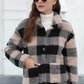 Plaid Print Patched Pockets Teddy Coat, Versatile Long Sleeve Single Breasted Winter Outwear