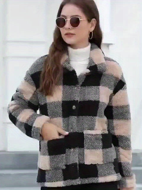 Plaid Print Patched Pockets Teddy Coat, Versatile Long Sleeve Single Breasted Winter Outwear