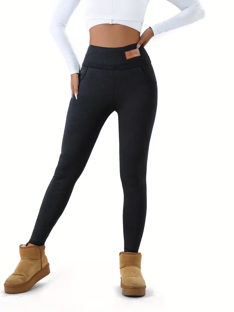 Women Solid Plush Lined Thermal Pants High Rise Stretch Slim Fit Tights For Fall & Winter