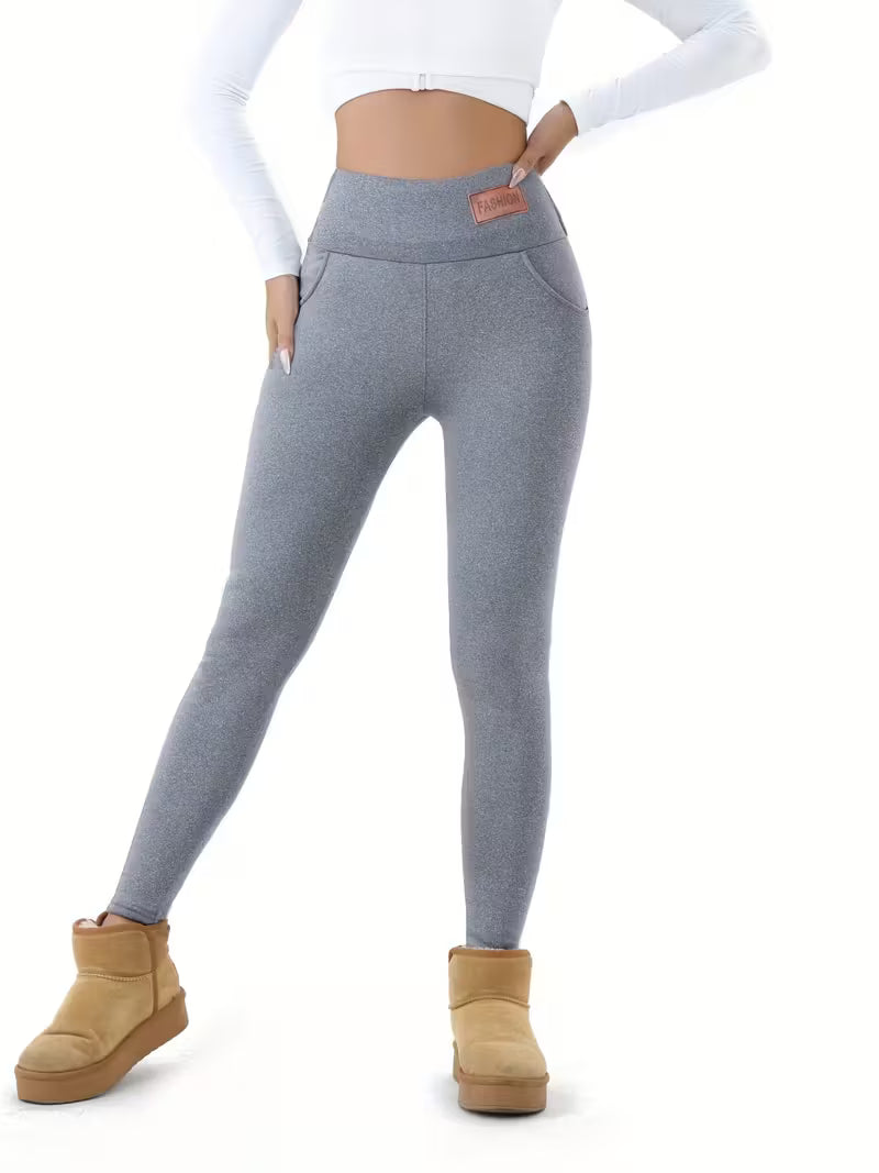 Women Solid Plush Lined Thermal Pants High Rise Stretch Slim Fit Tights For Fall & Winter