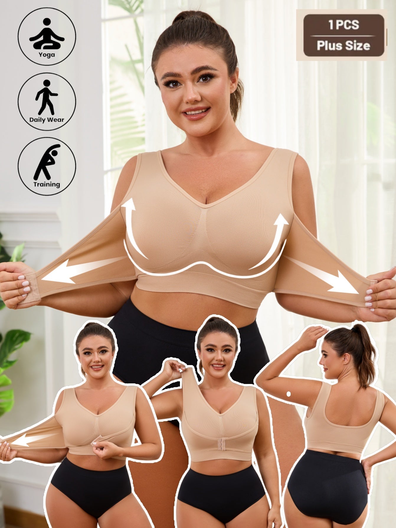 Adjustable Plus Size Front Closure Seamless Wide Strap Push-Up Bra