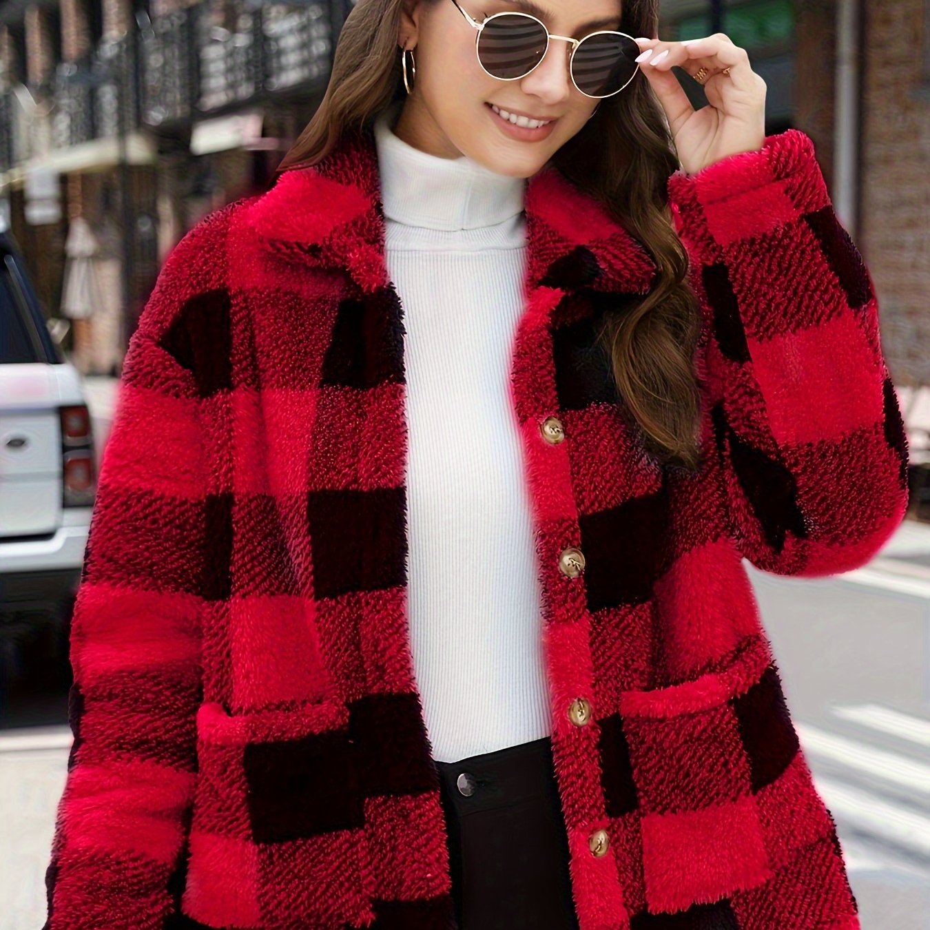 Plaid Print Patched Pockets Teddy Coat, Versatile Long Sleeve Single Breasted Winter Outwear