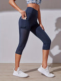 Wide Waistband Tummy Control Hip Lifting Sports Capri Pants, High Waist Stitching Mesh Capri Leggings, Women's Activewear