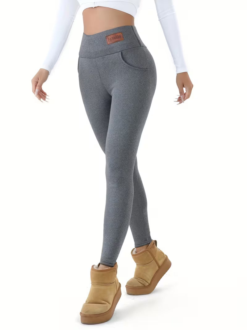 Women Solid Plush Lined Thermal Pants High Rise Stretch Slim Fit Tights For Fall & Winter