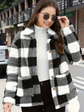 Plaid Print Patched Pockets Teddy Coat, Versatile Long Sleeve Single Breasted Winter Outwear