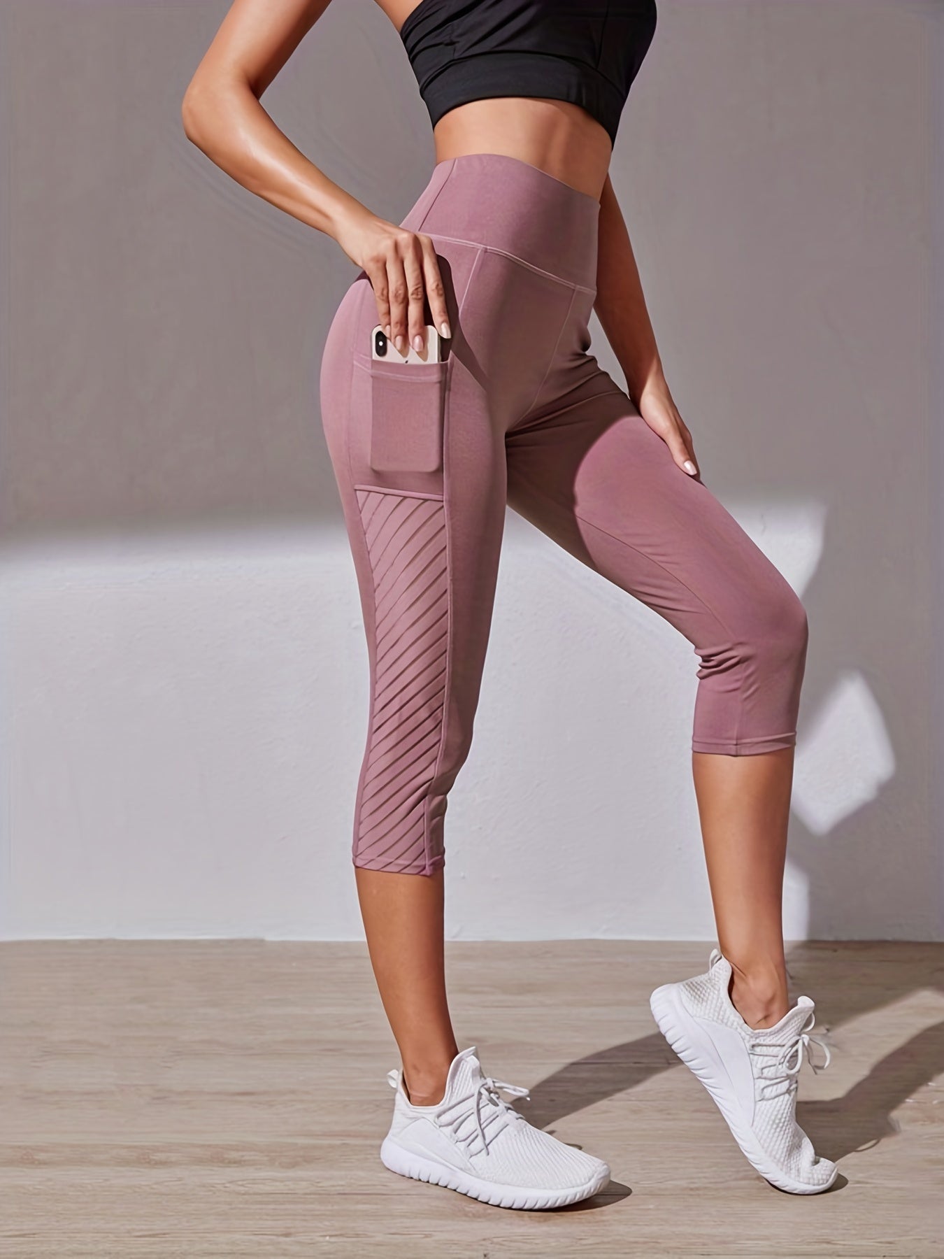 Wide Waistband Tummy Control Hip Lifting Sports Capri Pants, High Waist Stitching Mesh Capri Leggings, Women's Activewear