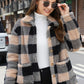 Plaid Print Patched Pockets Teddy Coat, Versatile Long Sleeve Single Breasted Winter Outwear