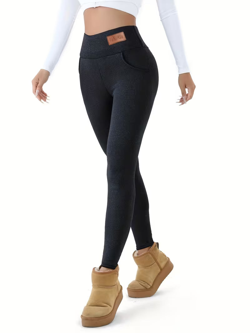 Women Solid Plush Lined Thermal Pants High Rise Stretch Slim Fit Tights For Fall & Winter