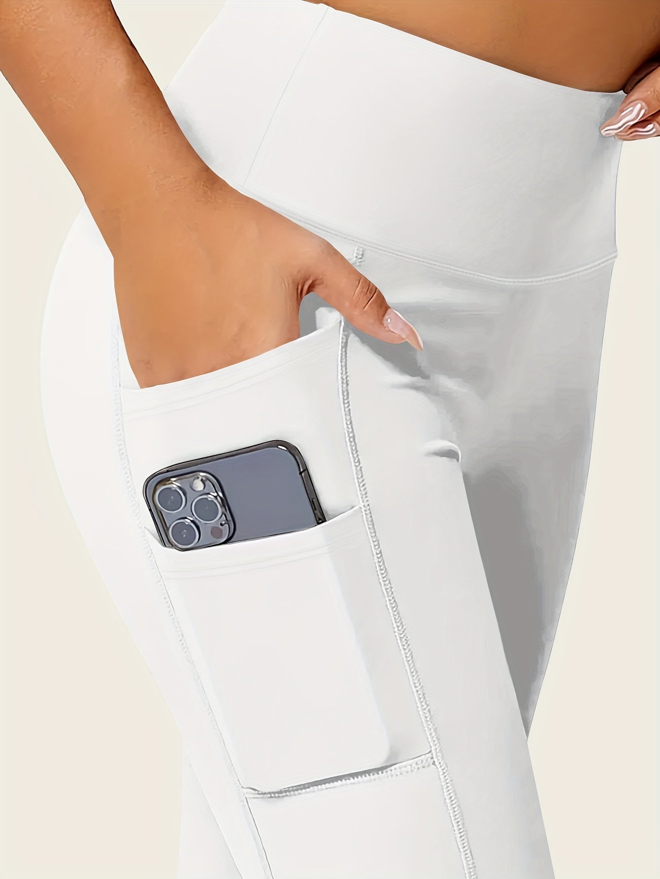 Women High-Waisted Pocket Yoga Pant Stretchy Regular Fit Casual Solid Color Polyester Knit Fabric