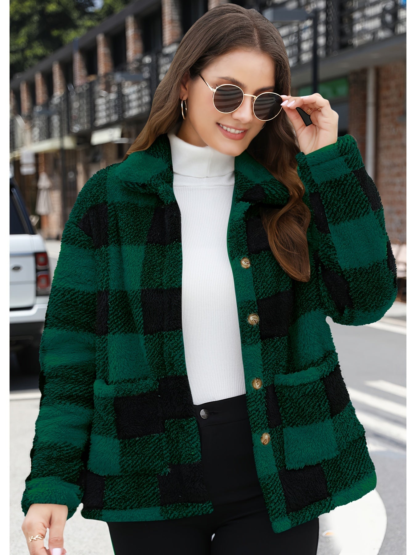 Plaid Print Patched Pockets Teddy Coat, Versatile Long Sleeve Single Breasted Winter Outwear