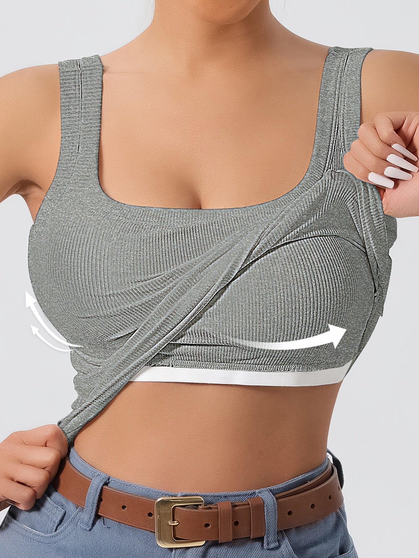 Solid Square Neck Tank Top Ribbed Vest Top With Removable Chest Pad