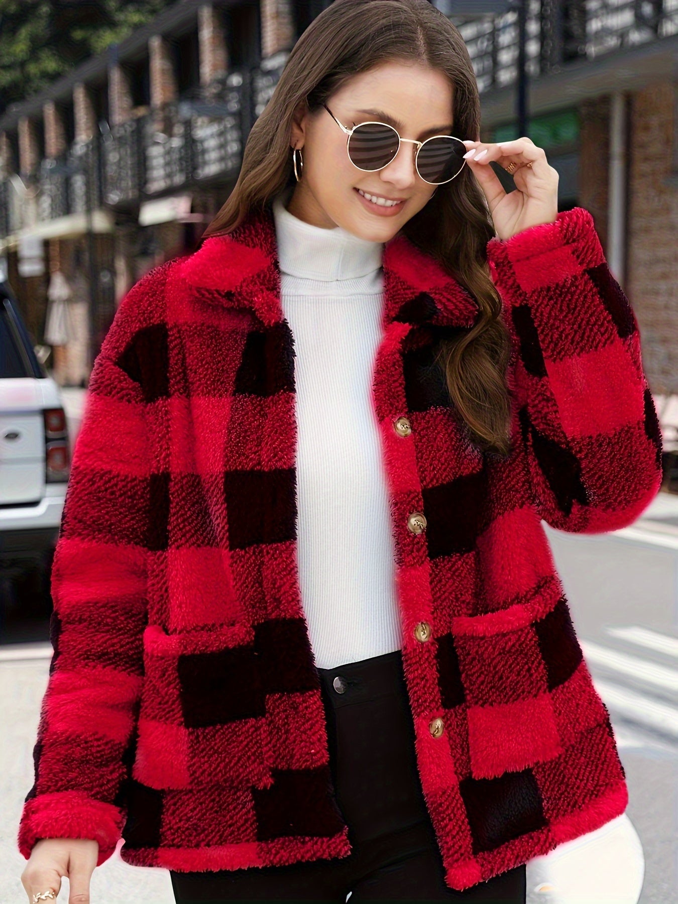 Plaid Print Patched Pockets Teddy Coat, Versatile Long Sleeve Single Breasted Winter Outwear