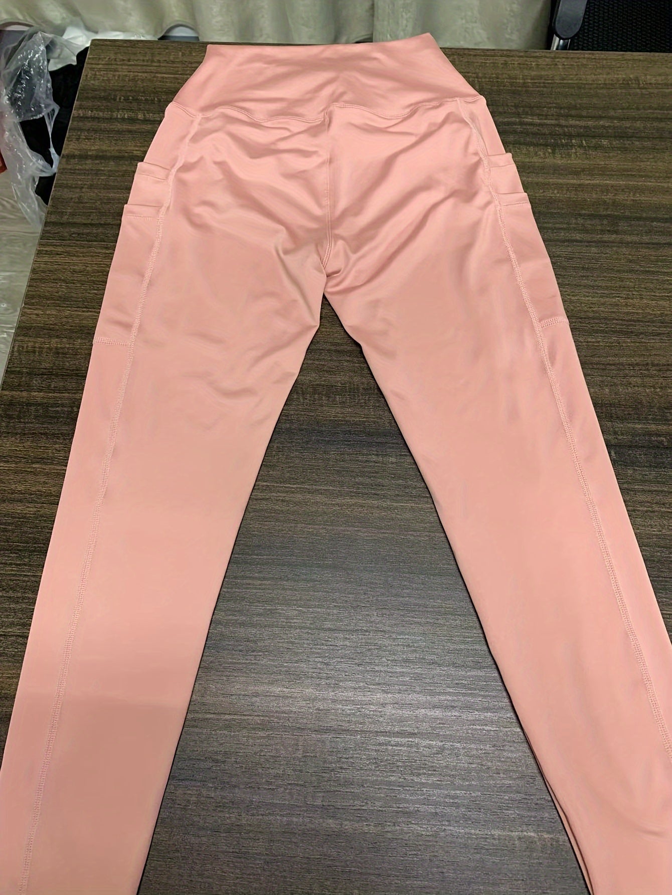 Women High-Waisted Pocket Yoga Pant Stretchy Regular Fit Casual Solid Color Polyester Knit Fabric