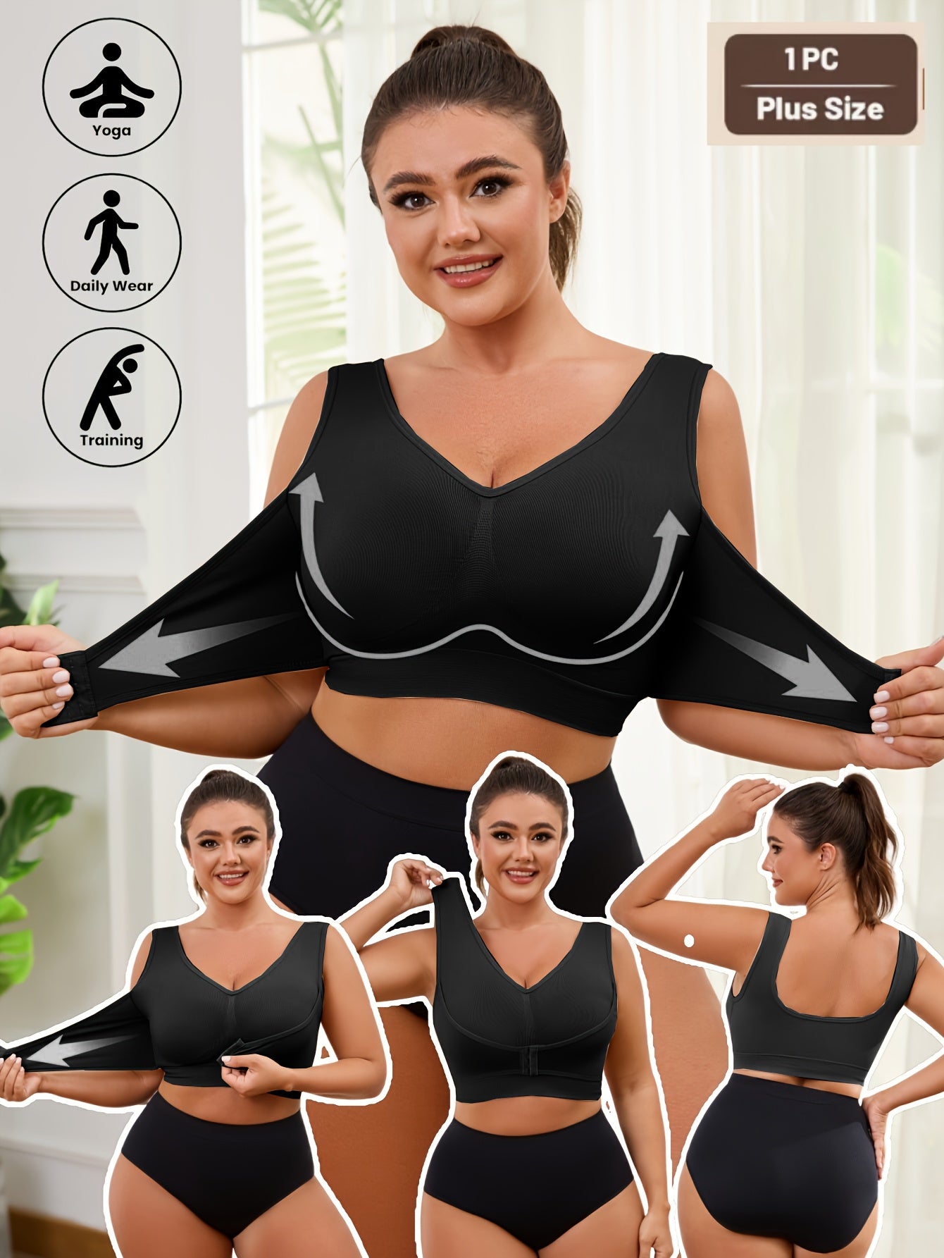 Adjustable Plus Size Front Closure Seamless Wide Strap Push-Up Bra