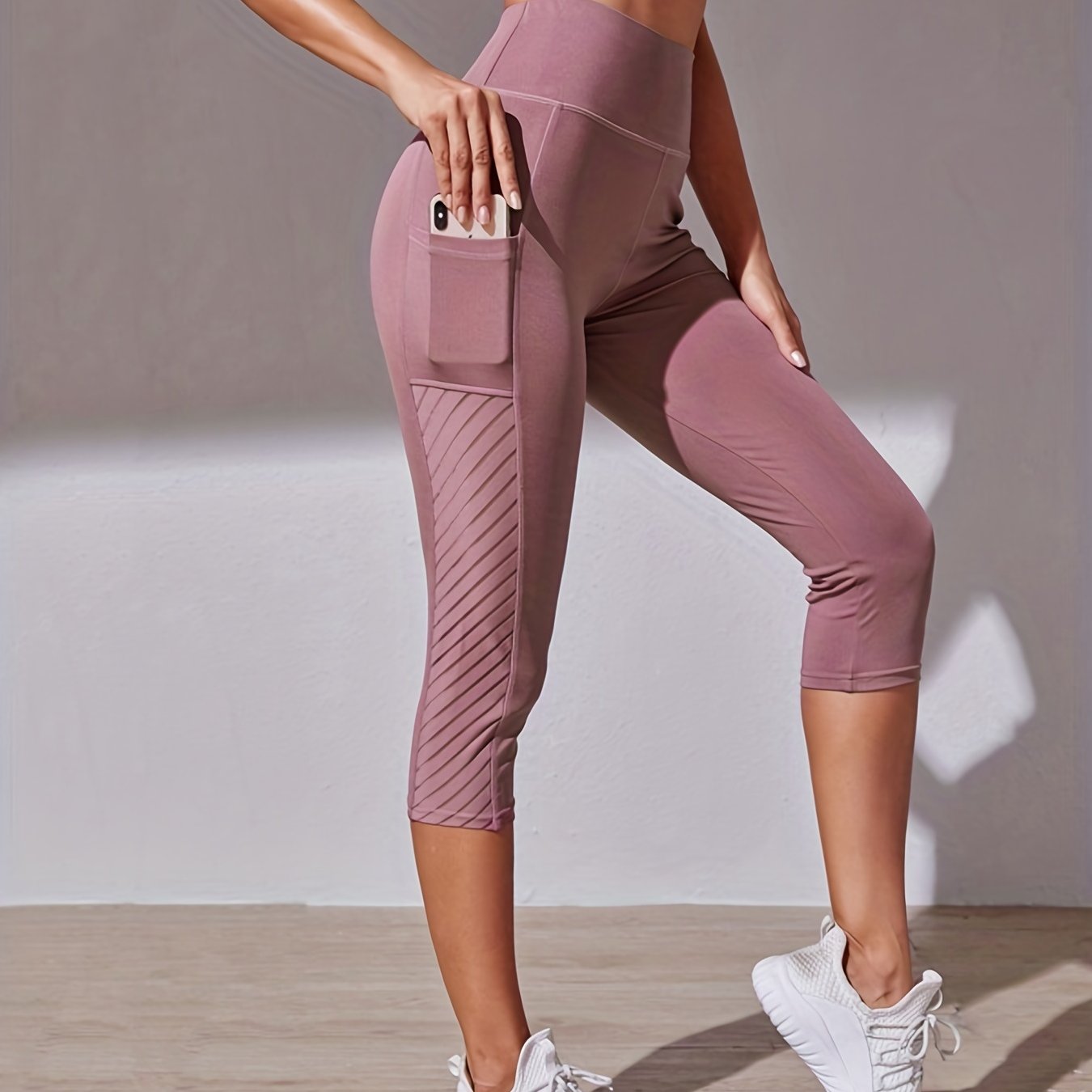 Wide Waistband Tummy Control Hip Lifting Sports Capri Pants, High Waist Stitching Mesh Capri Leggings, Women's Activewear
