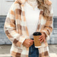 Plaid Print Patched Pockets Teddy Coat, Versatile Long Sleeve Single Breasted Winter Outwear