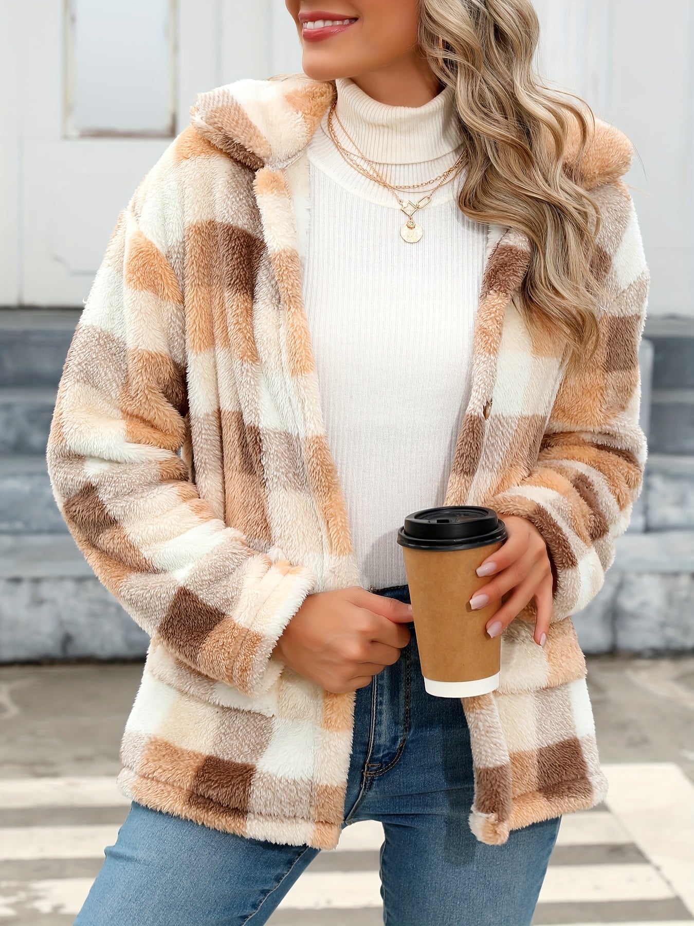 Plaid Print Patched Pockets Teddy Coat, Versatile Long Sleeve Single Breasted Winter Outwear