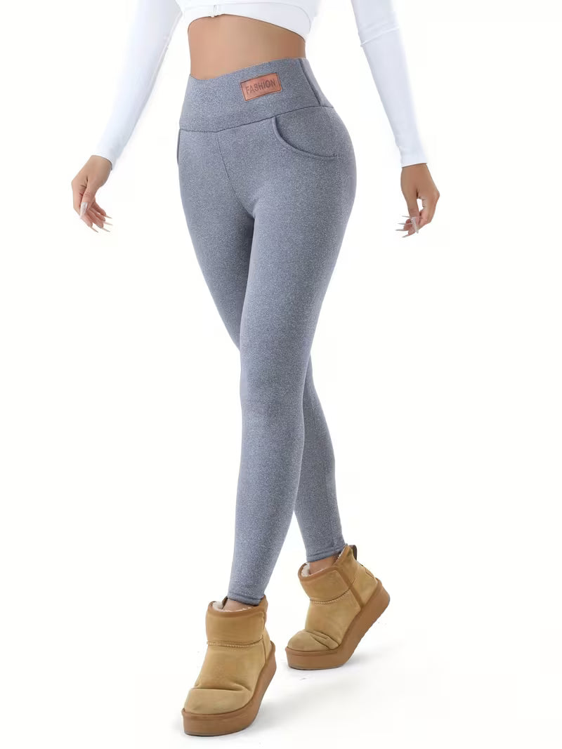 Women Solid Plush Lined Thermal Pants High Rise Stretch Slim Fit Tights For Fall & Winter