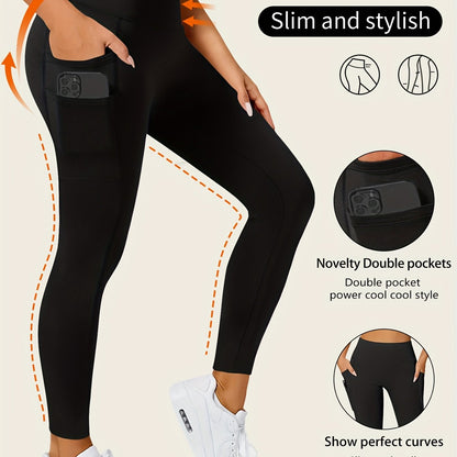 Women High-Waisted Pocket Yoga Pant Stretchy Regular Fit Casual Solid Color Polyester Knit Fabric
