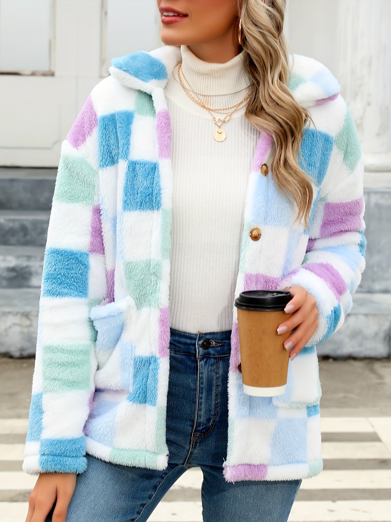 Plaid Print Patched Pockets Teddy Coat, Versatile Long Sleeve Single Breasted Winter Outwear