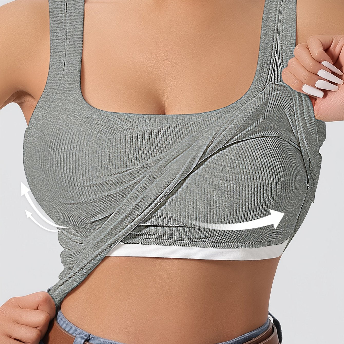 Solid Square Neck Tank Top Ribbed Vest Top With Removable Chest Pad