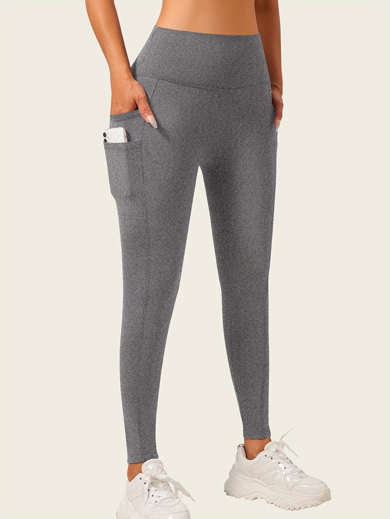 Women High-Waisted Pocket Yoga Pant Stretchy Regular Fit Casual Solid Color Polyester Knit Fabric