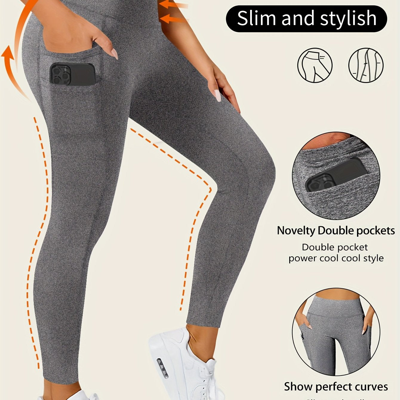 Women High-Waisted Pocket Yoga Pant Stretchy Regular Fit Casual Solid Color Polyester Knit Fabric