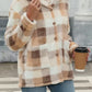 Plaid Print Patched Pockets Teddy Coat, Versatile Long Sleeve Single Breasted Winter Outwear